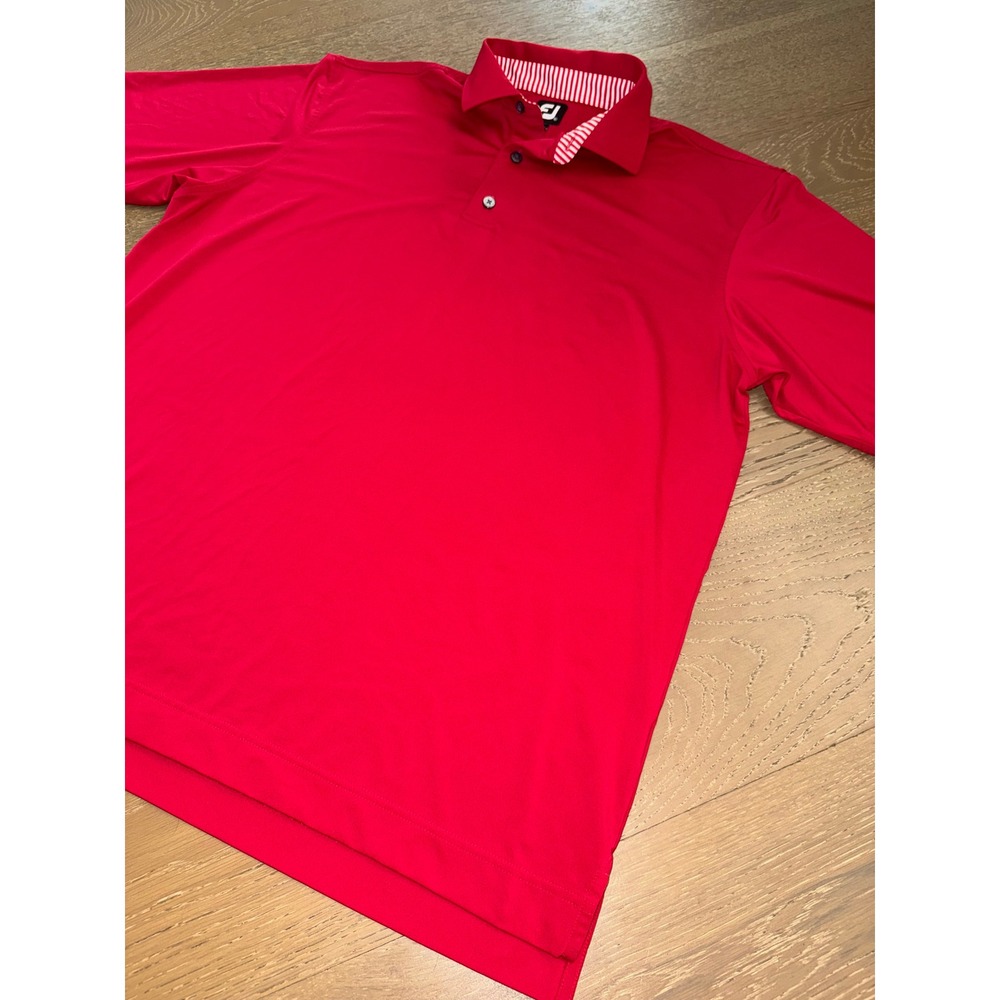 FootJoy Mens XL Red Performance Golf Polo Shirt Conditt Cup Striped Collar FJ - Picture 4 of 7